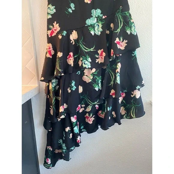 K / Lab Assymetrical Black Floral Dress Ruffle Boho Sz S‎ - Picture 8 of 10